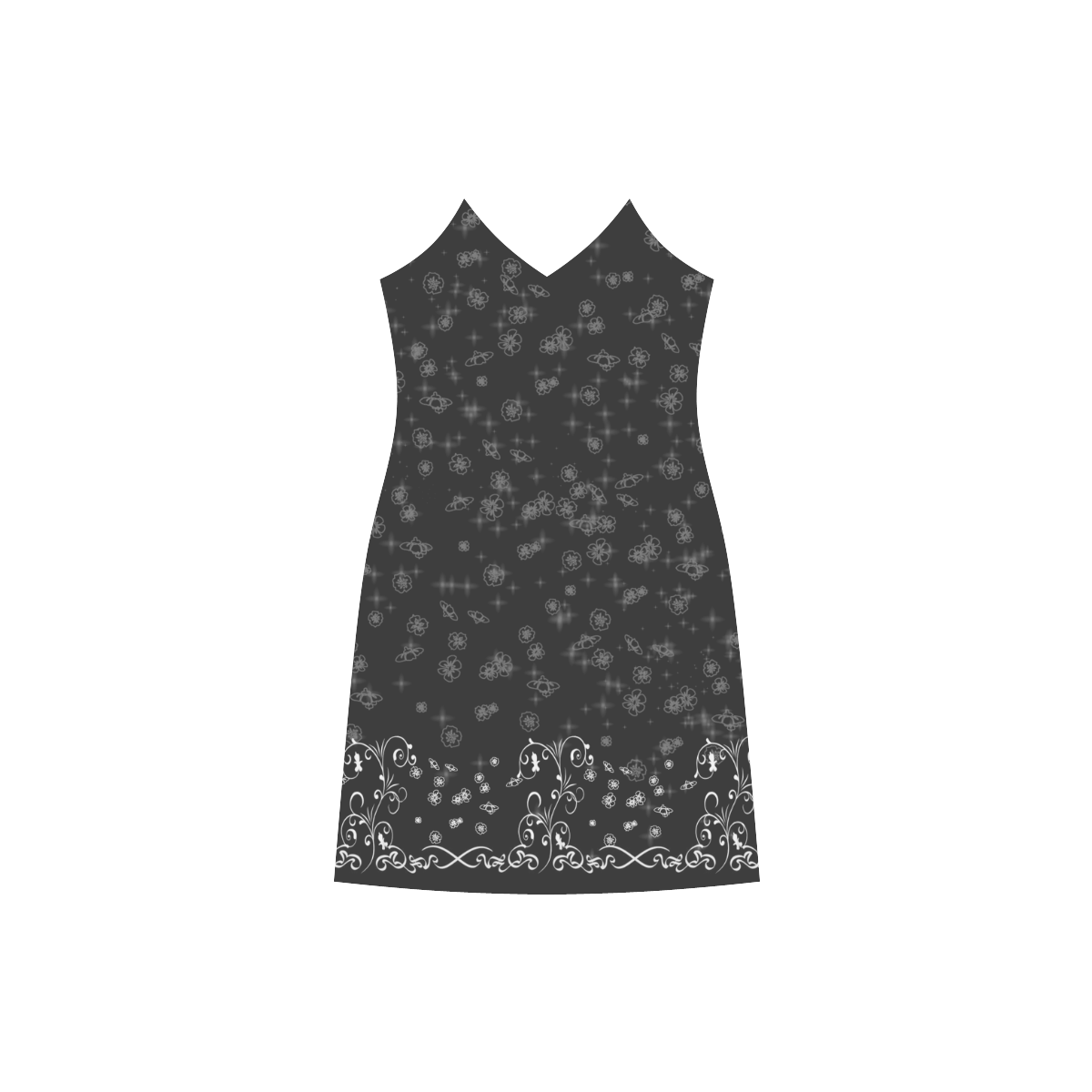 Black and white flower border print V-Neck Open Fork Long Dress(Model D18)