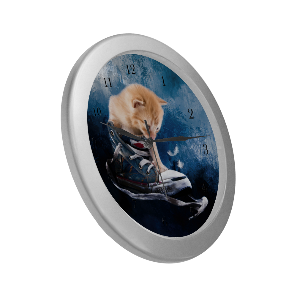 Cute painted red kitten plays in sneakers Silver Color Wall Clock