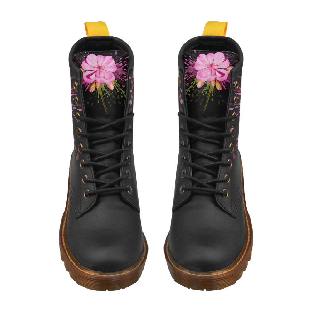 Pink flower color splash, floral watercolor High Grade PU Leather Martin Boots For Women Model 402H