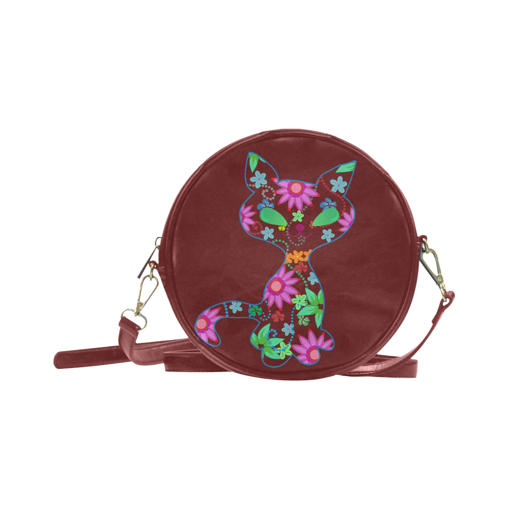 Vector illustration of an ornate kitten with flowers and beads Round Sling Bag (Model 1647)