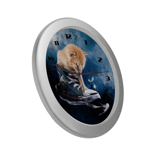 Cute painted red kitten plays in sneakers Silver Color Wall Clock