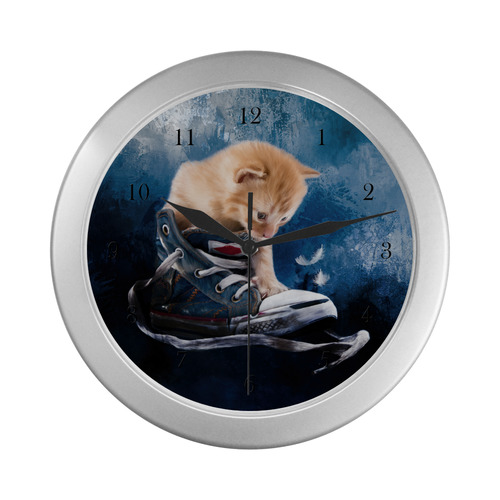 Cute painted red kitten plays in sneakers Silver Color Wall Clock