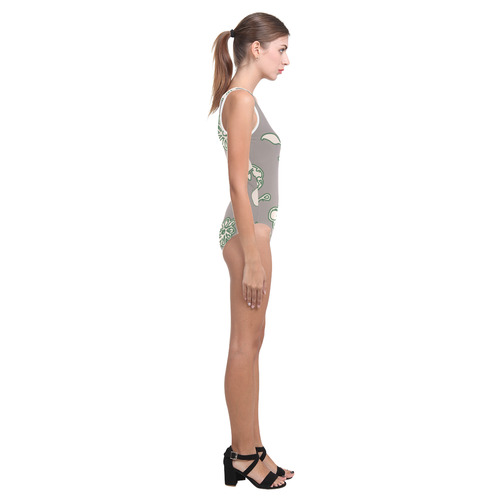 floral gray and green Vest One Piece Swimsuit (Model S04)