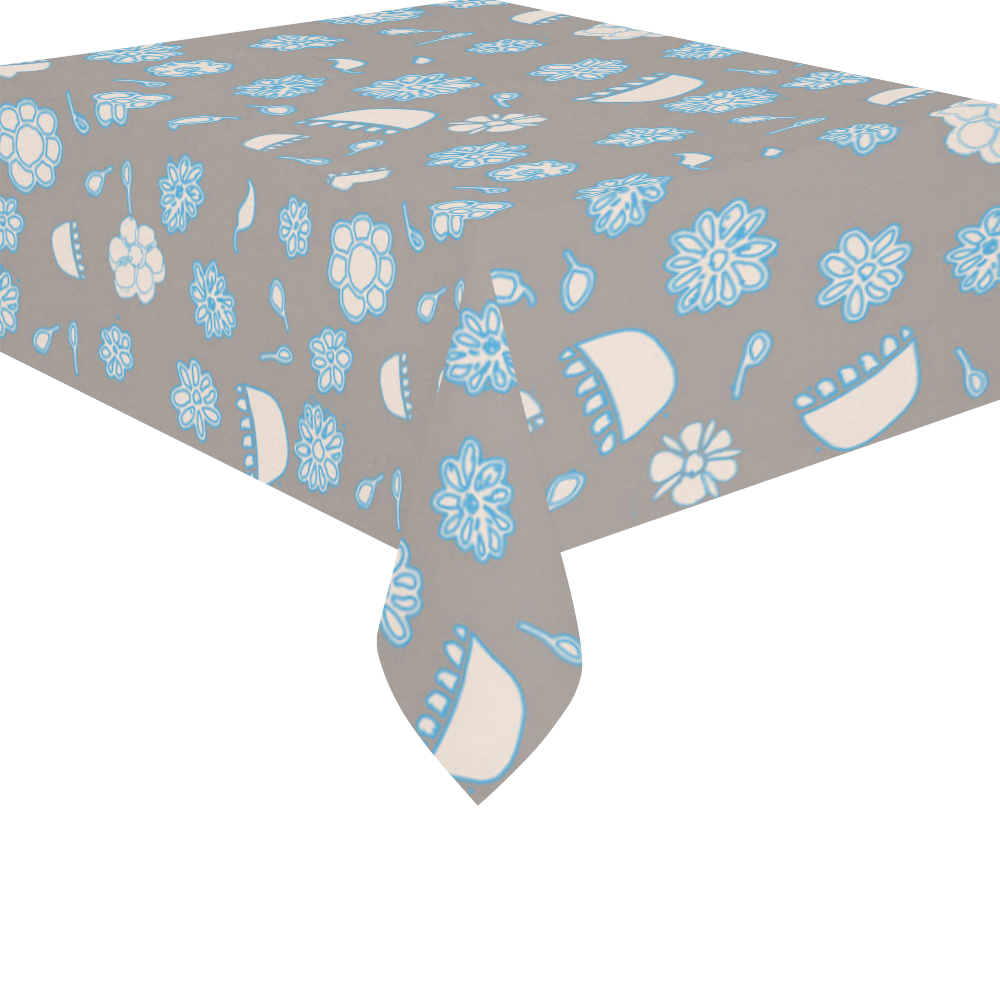floral gray and blue Cotton Linen Tablecloth 52"x 70"
