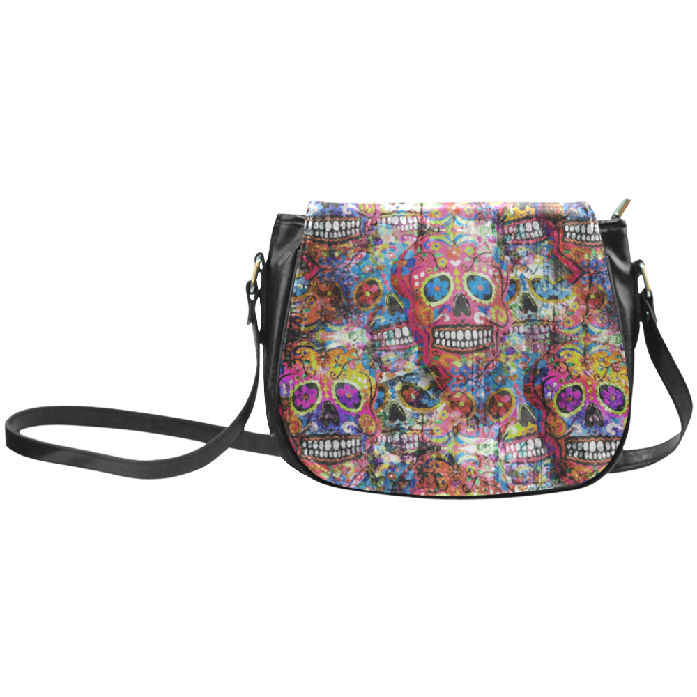 Colorfully Flower Power Skull Grunge Pattern Classic Saddle Bag/Large (Model 1648)