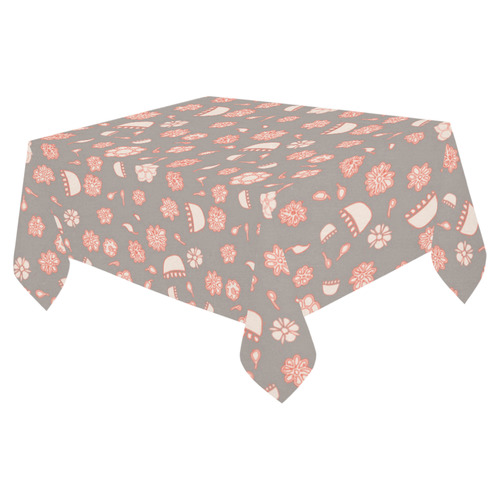 floral gray and red Cotton Linen Tablecloth 52"x 70"