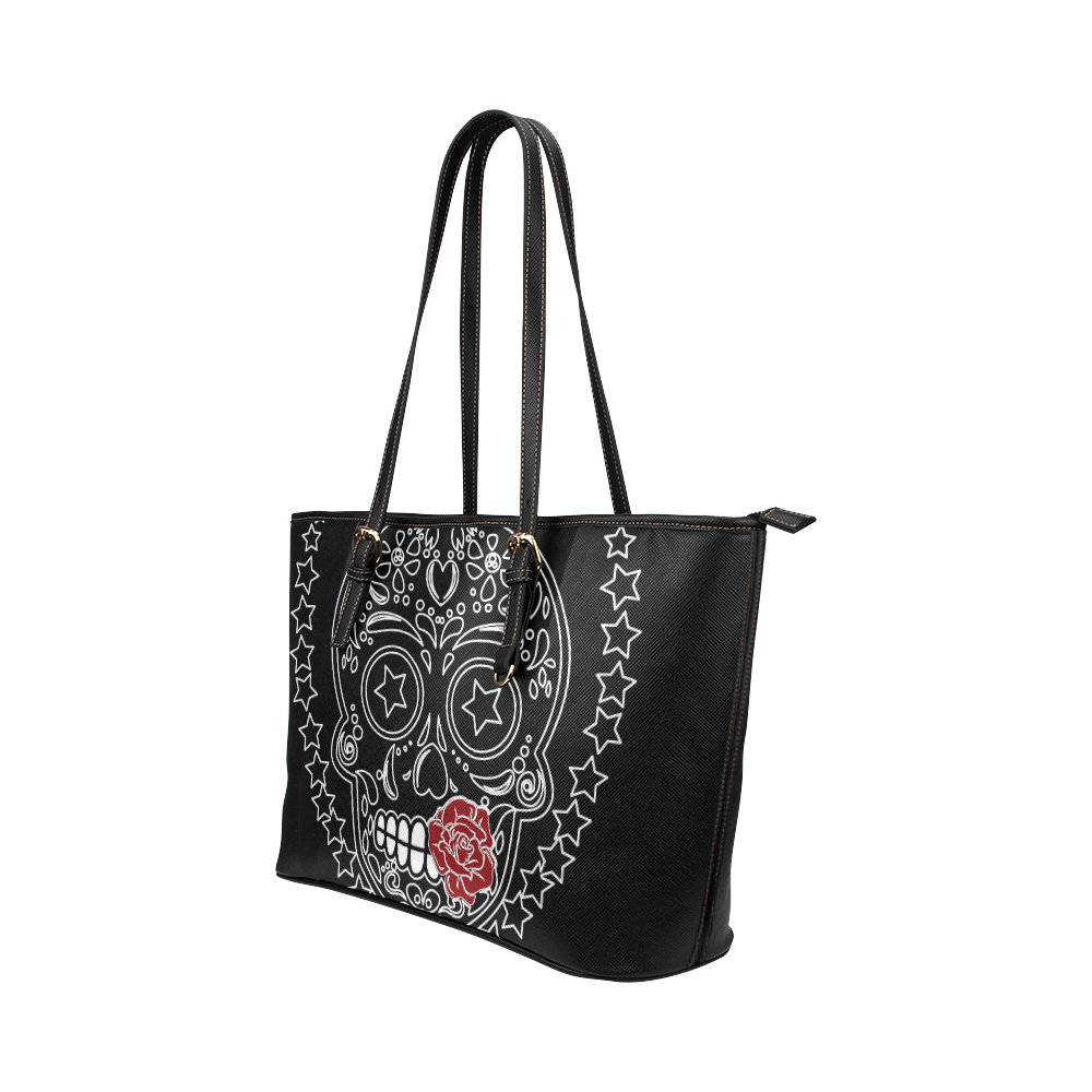 Sugar Skull Red Rose Leather Tote Bag/Small (Model 1651)