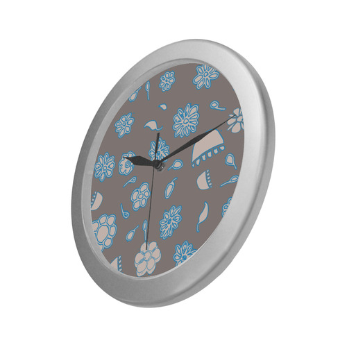 floral gray and blue Silver Color Wall Clock