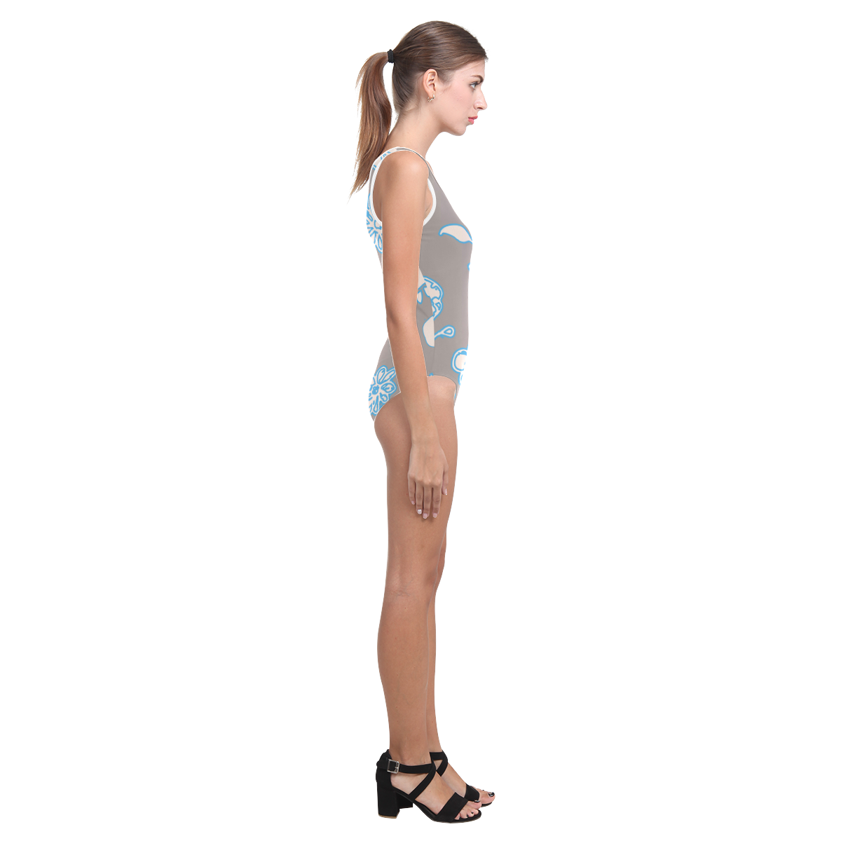 floral gray and blue Vest One Piece Swimsuit (Model S04)