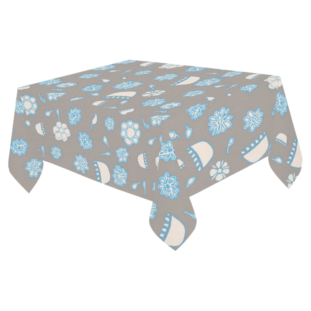 floral gray and blue Cotton Linen Tablecloth 52"x 70"