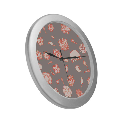 floral gray and red Silver Color Wall Clock