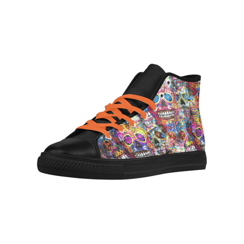 Colorfully Flower Power Skull Grunge Pattern Aquila High Top Microfiber Leather Men's Shoes (Model 032)