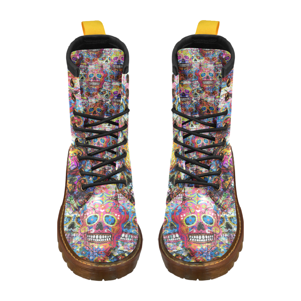 Colorfully Flower Power Skull Grunge Pattern High Grade PU Leather Martin Boots For Men Model 402H