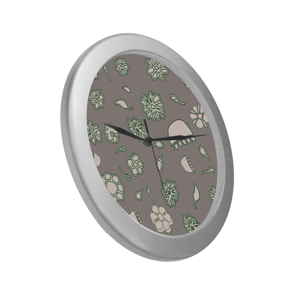 floral gray and green Silver Color Wall Clock