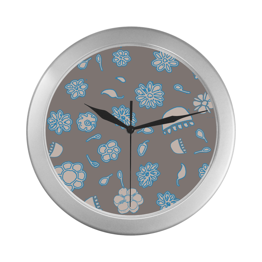 floral gray and blue Silver Color Wall Clock