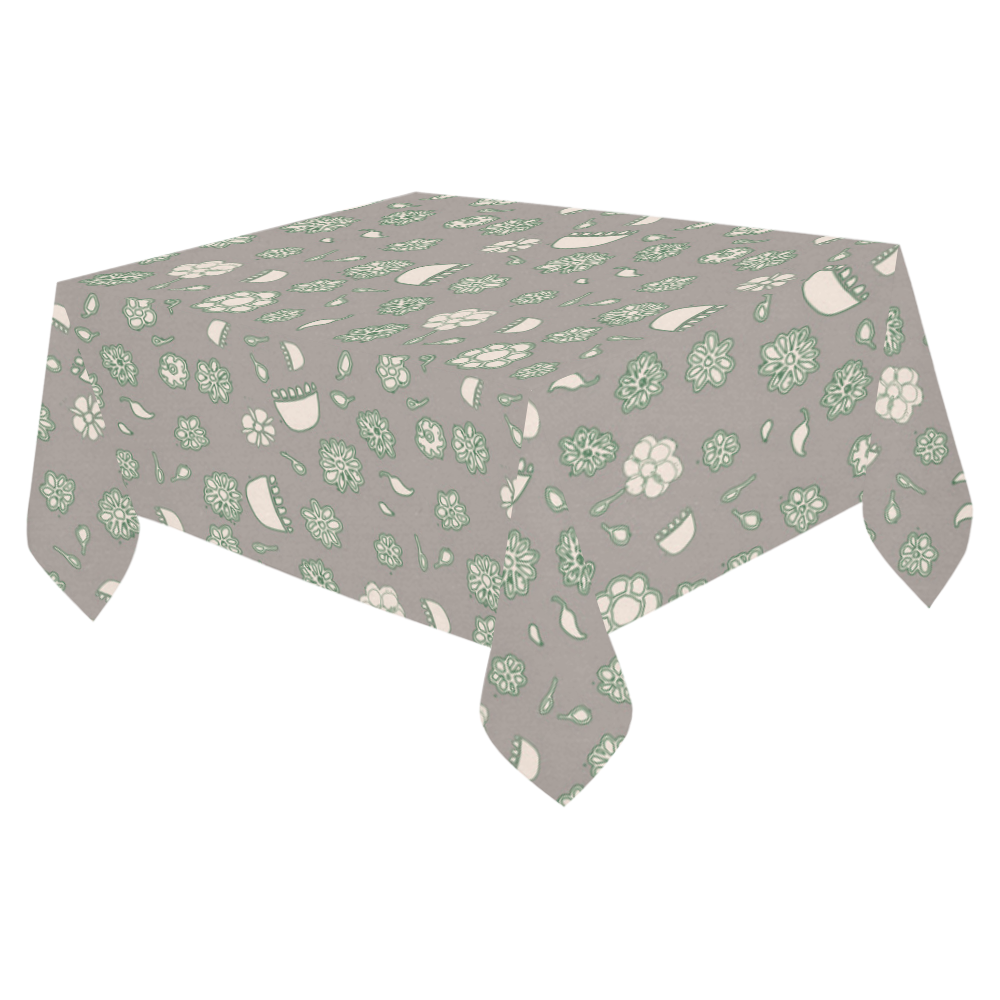 floral gray and green Cotton Linen Tablecloth 52"x 70"