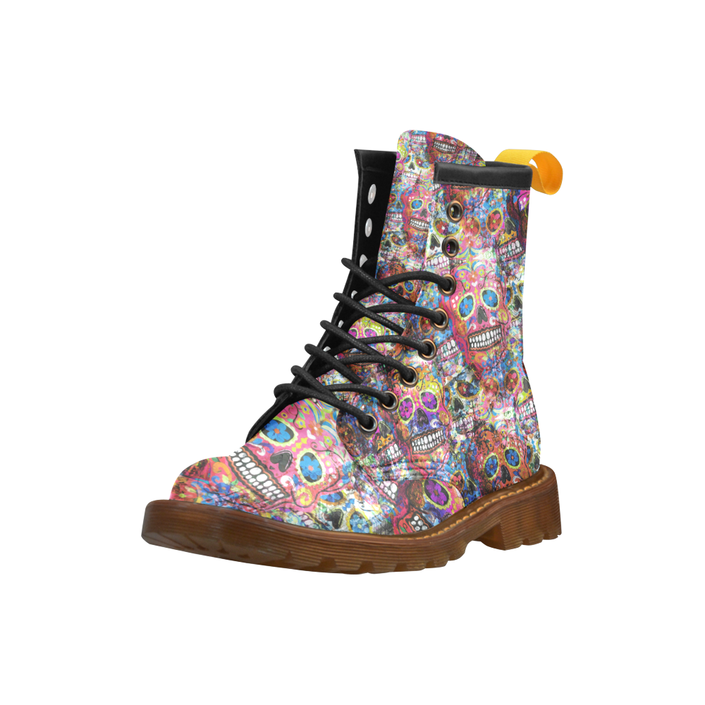 Colorfully Flower Power Skull Grunge Pattern High Grade PU Leather Martin Boots For Women Model 402H