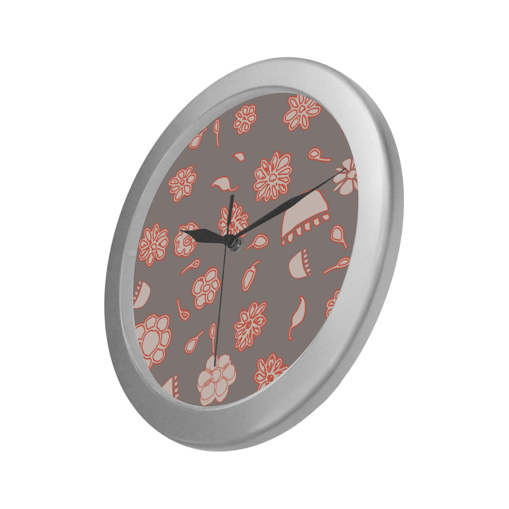 floral gray and red Silver Color Wall Clock