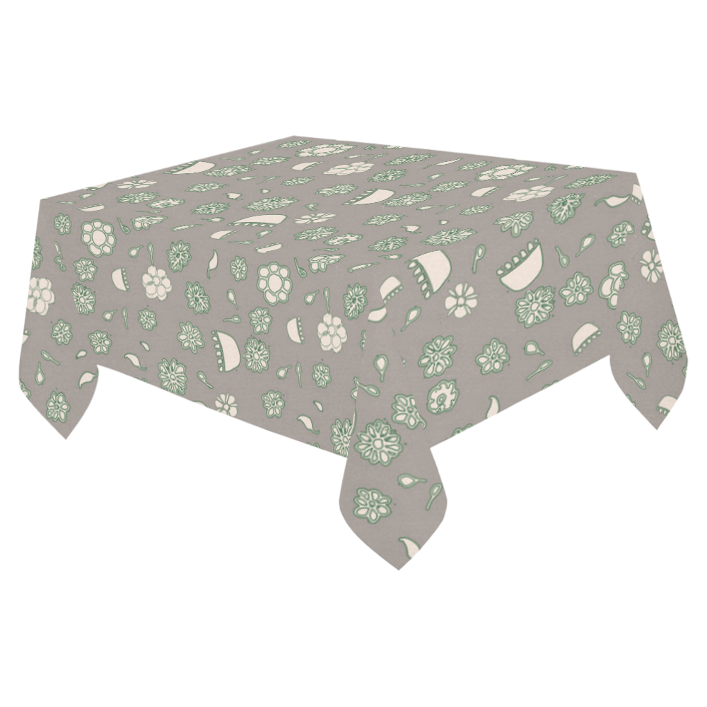 floral gray and green Cotton Linen Tablecloth 52"x 70"