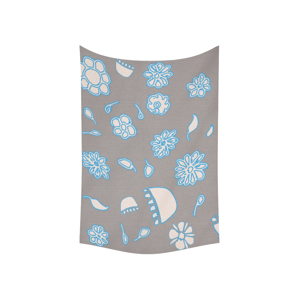 floral gray and blue Cotton Linen Wall Tapestry 60"x 40"