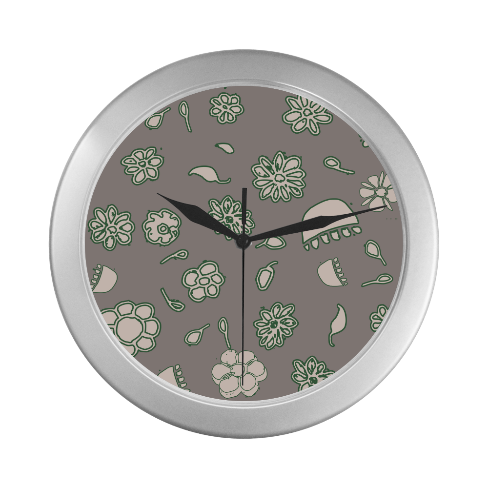 floral gray and green Silver Color Wall Clock