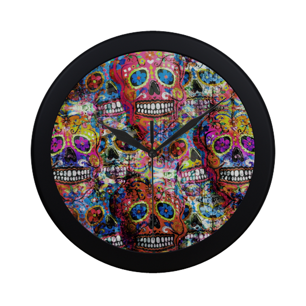 Colorfully Flower Power Skull Grunge Pattern Circular Plastic Wall clock