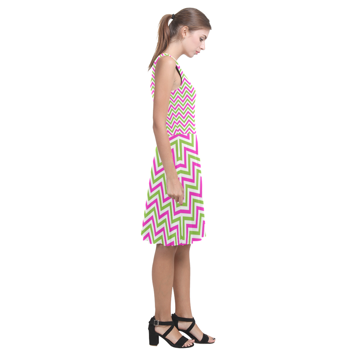 Pink Green White Chevron Atalanta Casual Sundress(Model D04)