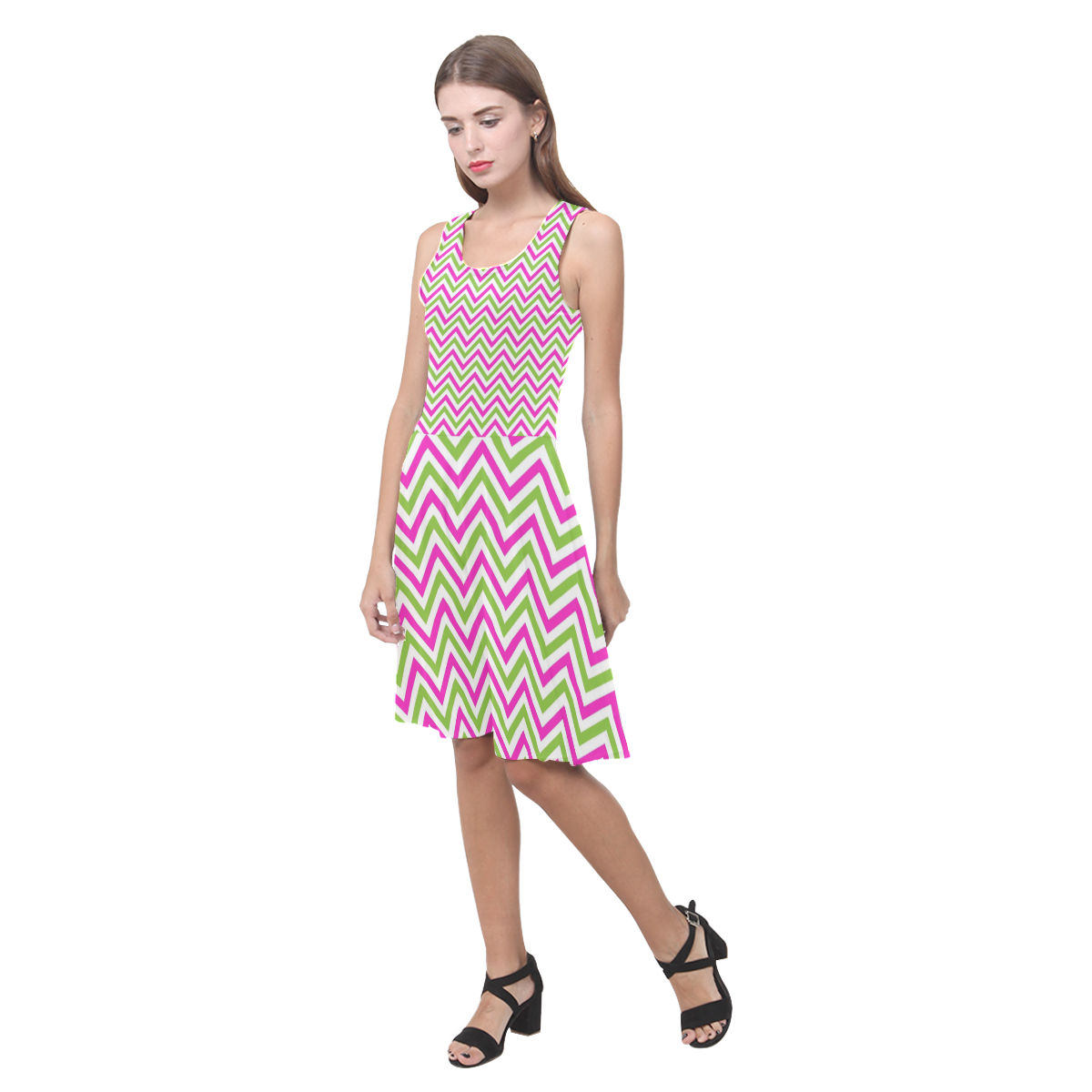 Pink Green White Chevron Atalanta Casual Sundress(Model D04)