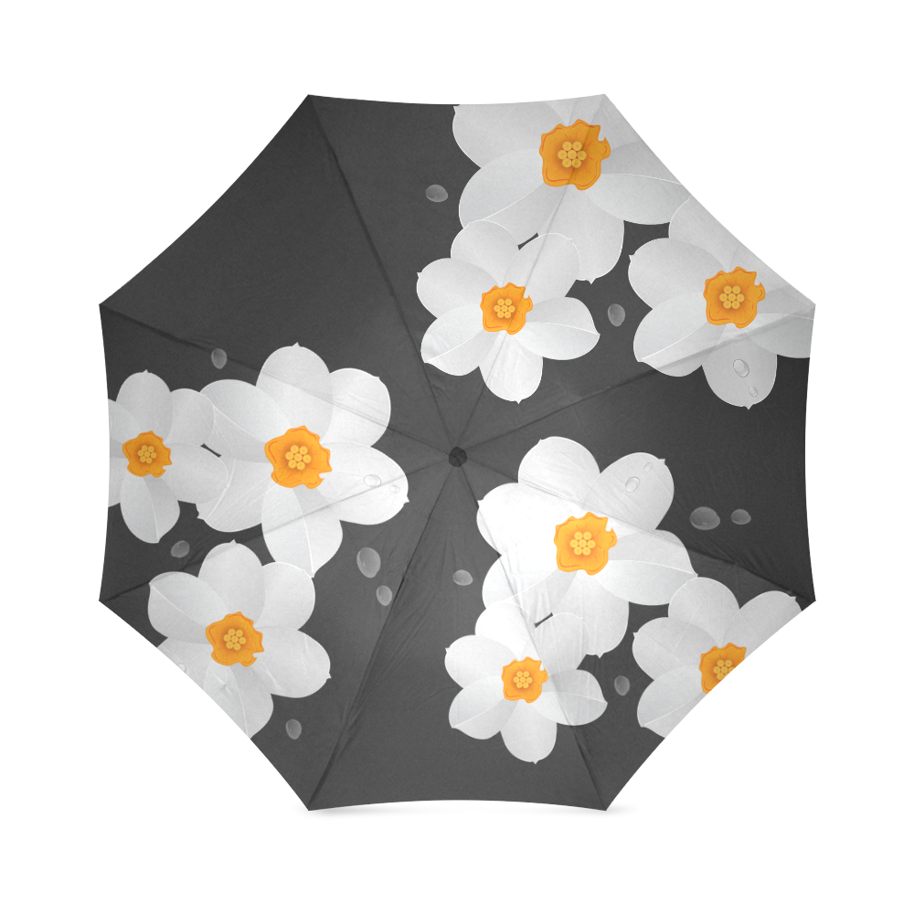 White Orange Flowers on Black Foldable Umbrella (Model U01)