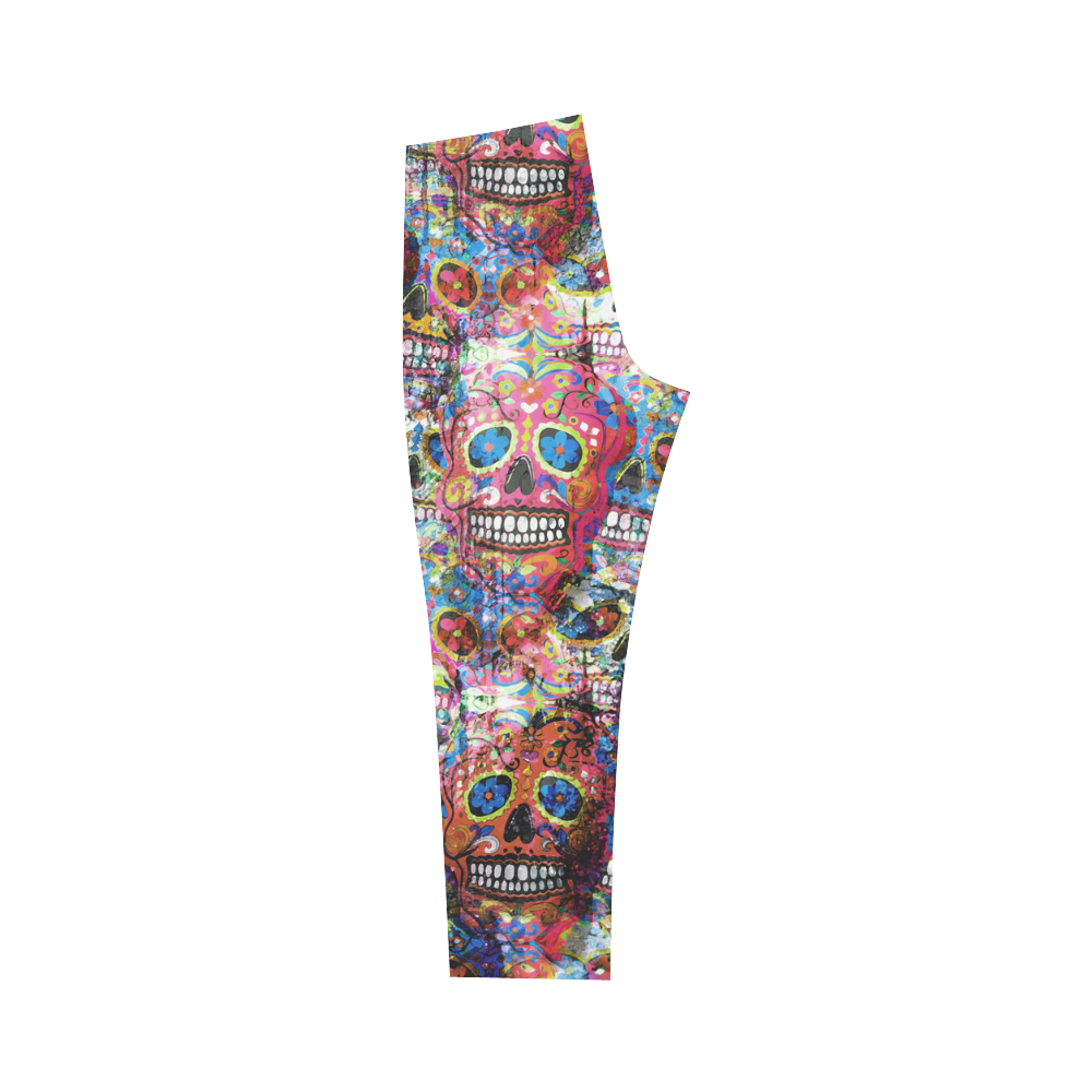 Colorfully Flower Power Skull Grunge Pattern Capri Legging (Model L02)