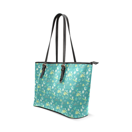 Cute colorful night Owls moons and flowers Leather Tote Bag/Large (Model 1640)