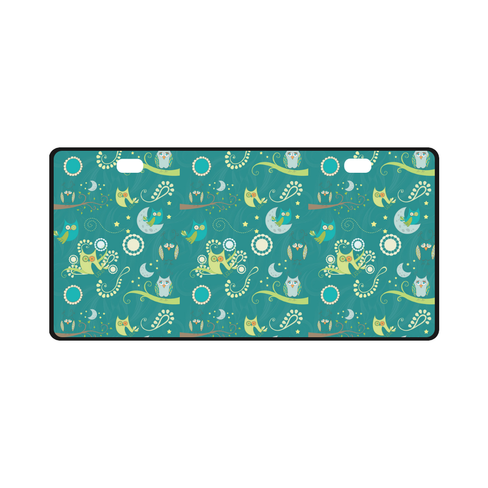 Cute colorful night Owls moons and flowers License Plate
