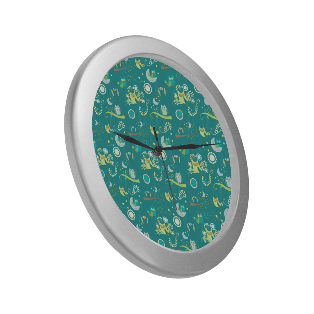 Cute colorful night Owls moons and flowers Silver Color Wall Clock