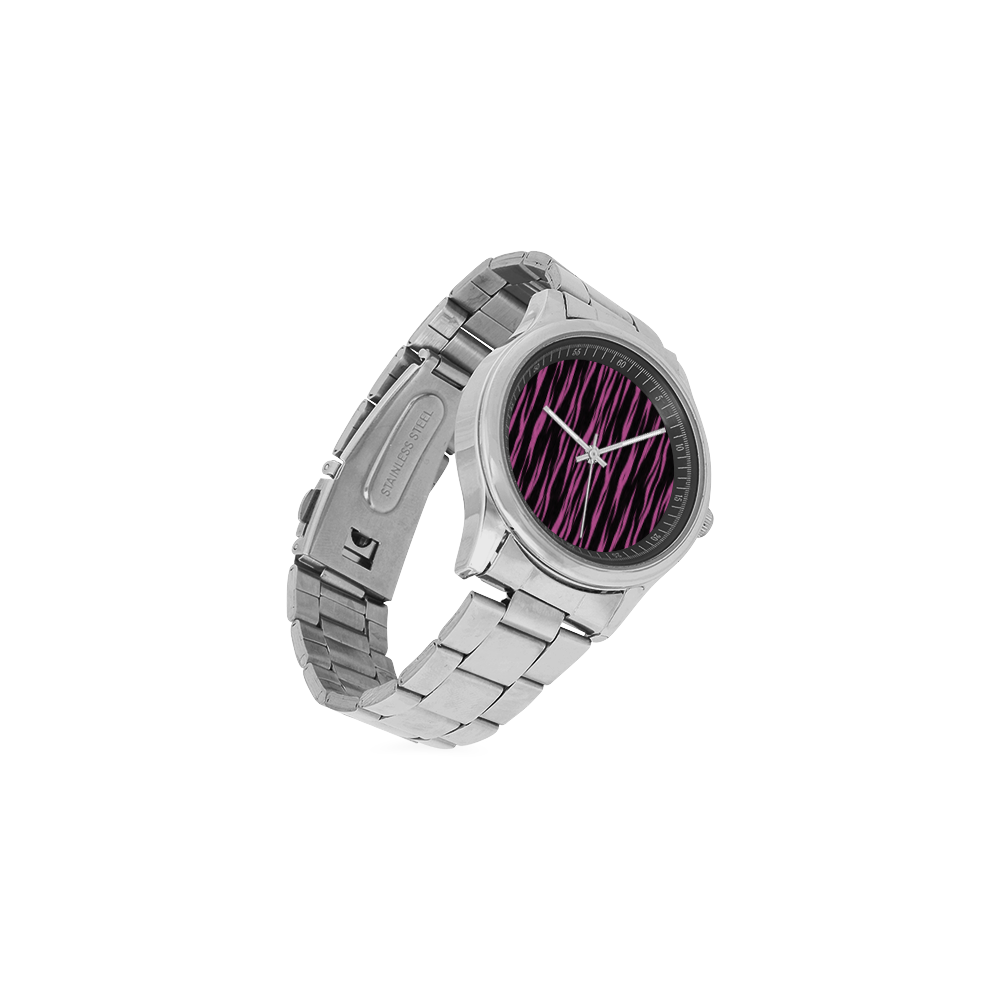 A Trendy Black Pink Big Cat Fur Texture Men's Stainless Steel Watch(Model 104)
