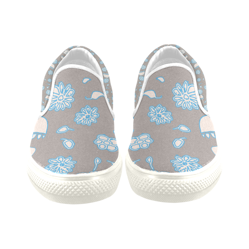 floral gray and blue Slip-on Canvas Shoes for Kid (Model 019)