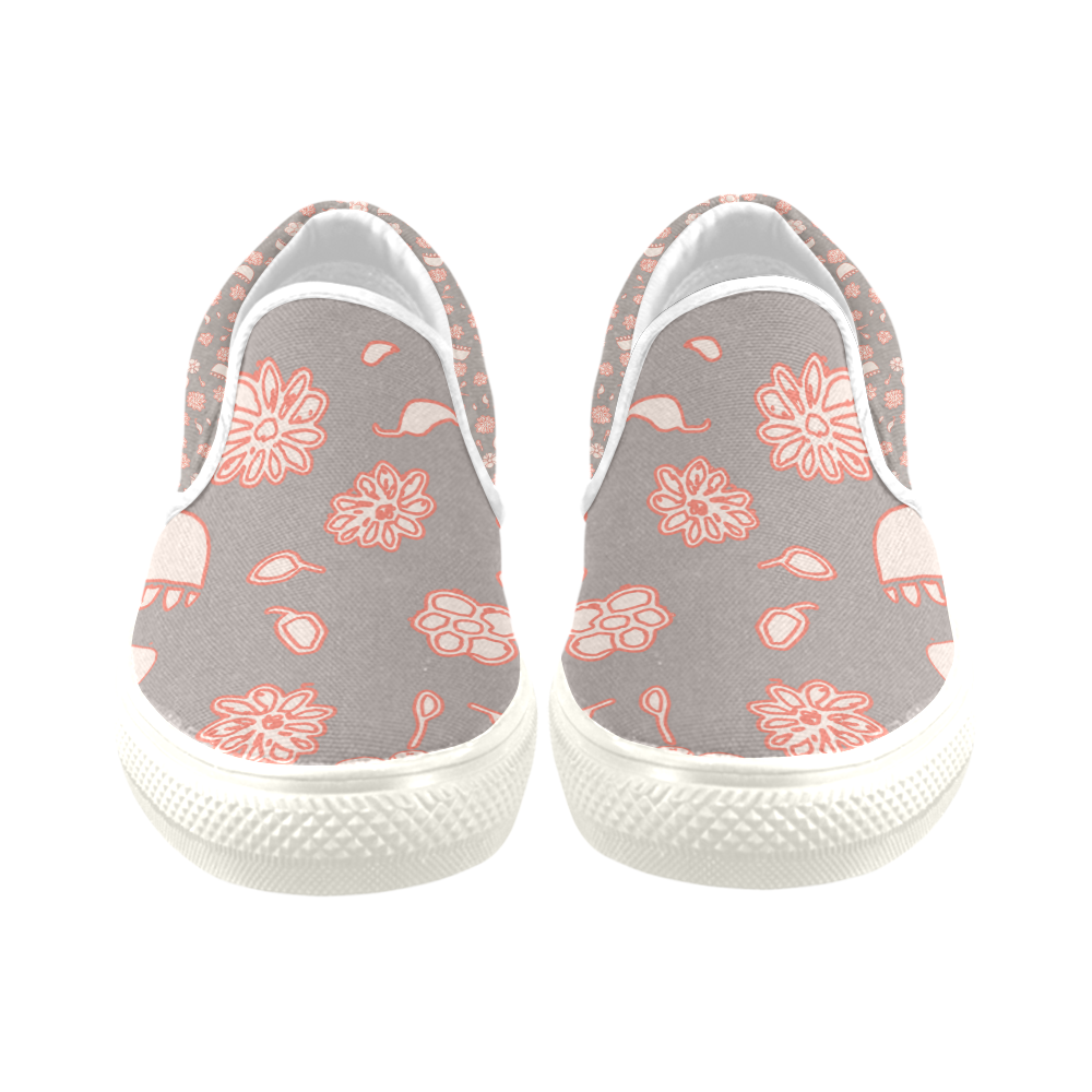 floral gray and red Slip-on Canvas Shoes for Kid (Model 019)