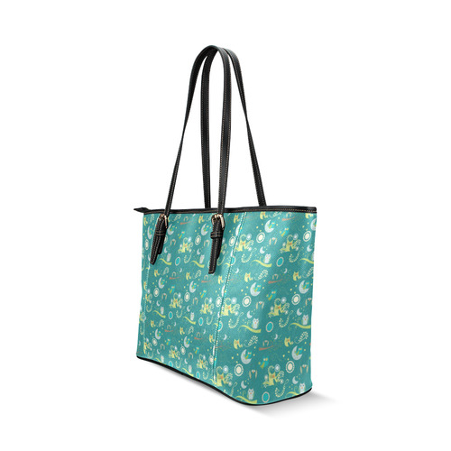 Cute colorful night Owls moons and flowers Leather Tote Bag/Large (Model 1640)