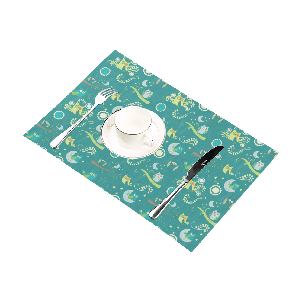 Cute colorful night Owls moons and flowers Placemat 12''x18''