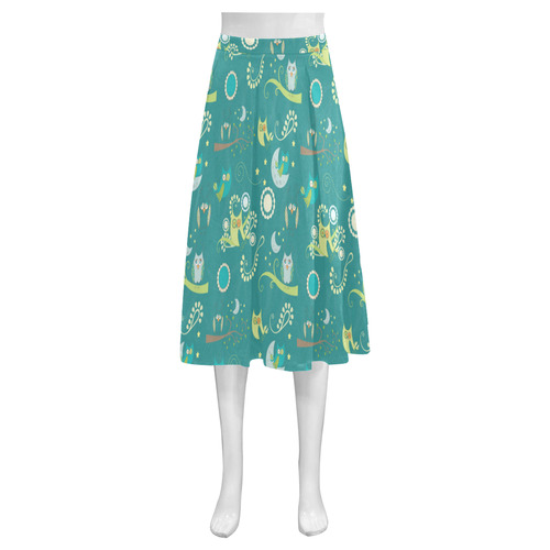 Cute colorful night Owls moons and flowers Mnemosyne Women's Crepe Skirt (Model D16)