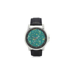 Cute colorful night Owls moons and flowers Unisex Stainless Steel Leather Strap Watch(Model 202)