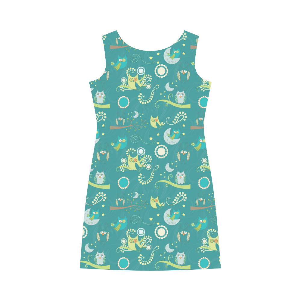 Cute colorful night Owls moons and flowers Round Collar Dress (D22)