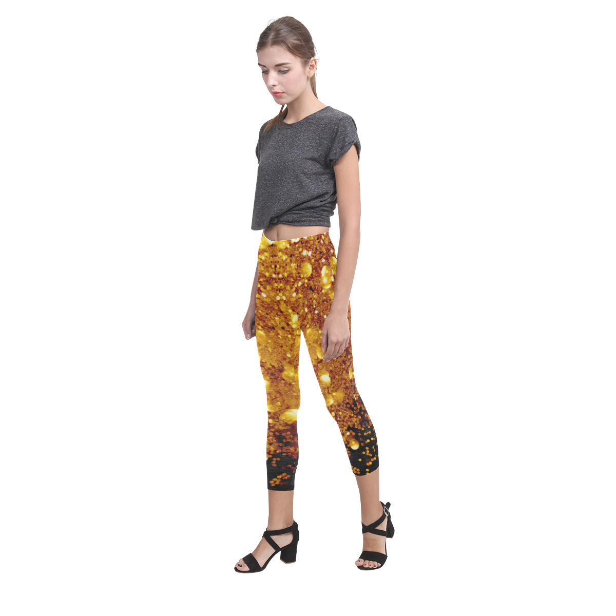 Golden glitter texture with black background Capri Legging (Model L02)