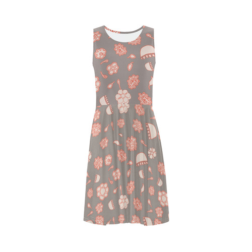 floral gray and red Sleeveless Ice Skater Dress (D19)