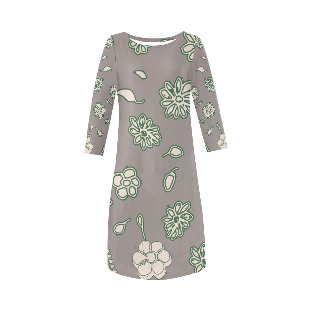 floral gray and green Round Collar Dress (D22)