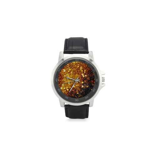 Golden glitter texture with black background Unisex Stainless Steel Leather Strap Watch(Model 202)