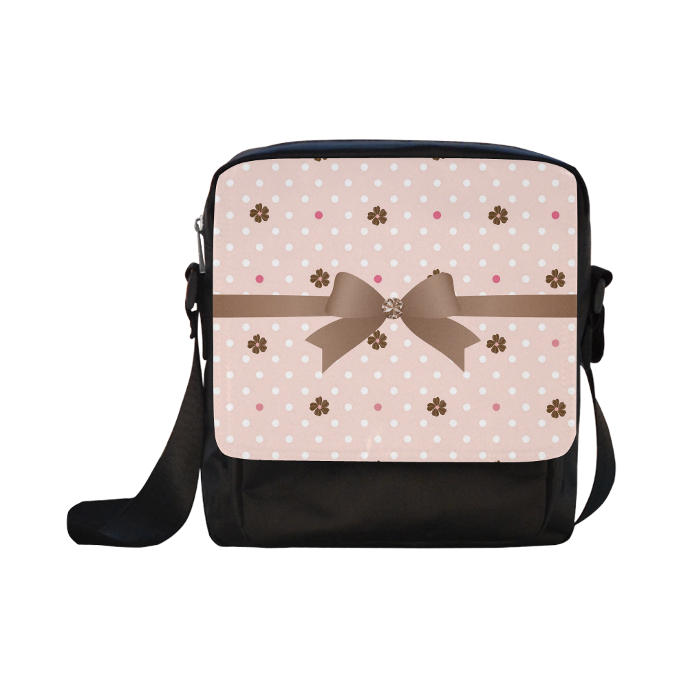 Brown Flowers, Pink White Polka Dots with Brown Bow, Floral Pattern Bow, Floral Pattern Crossbody Nylon Bags (Model 1633)