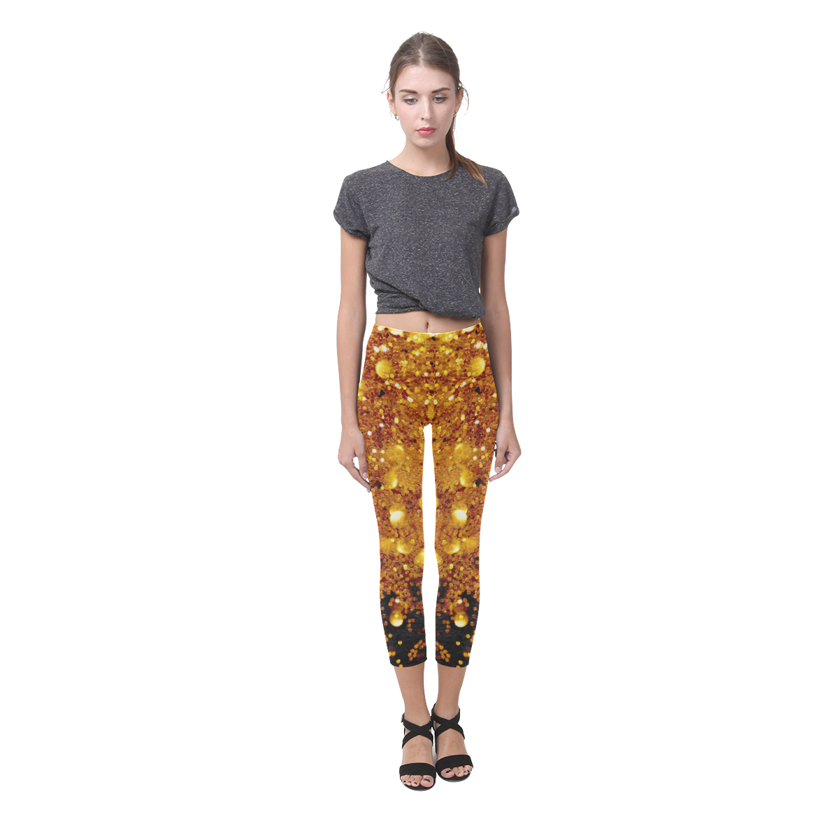 Golden glitter texture with black background Capri Legging (Model L02)