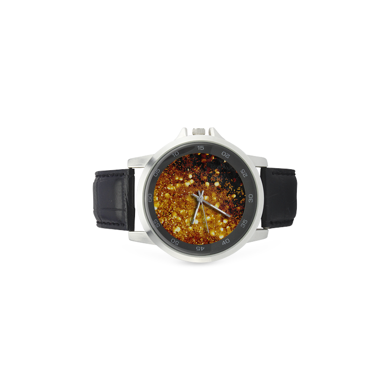 Golden glitter texture with black background Unisex Stainless Steel Leather Strap Watch(Model 202)
