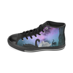 Wonderful black and white swan High Top Canvas Women's Shoes/Large Size (Model 017)