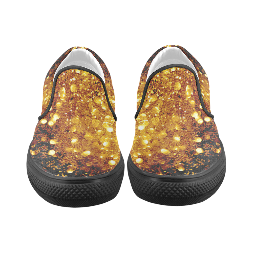 Golden glitter texture with black background Women's Slip-on Canvas Shoes (Model 019)